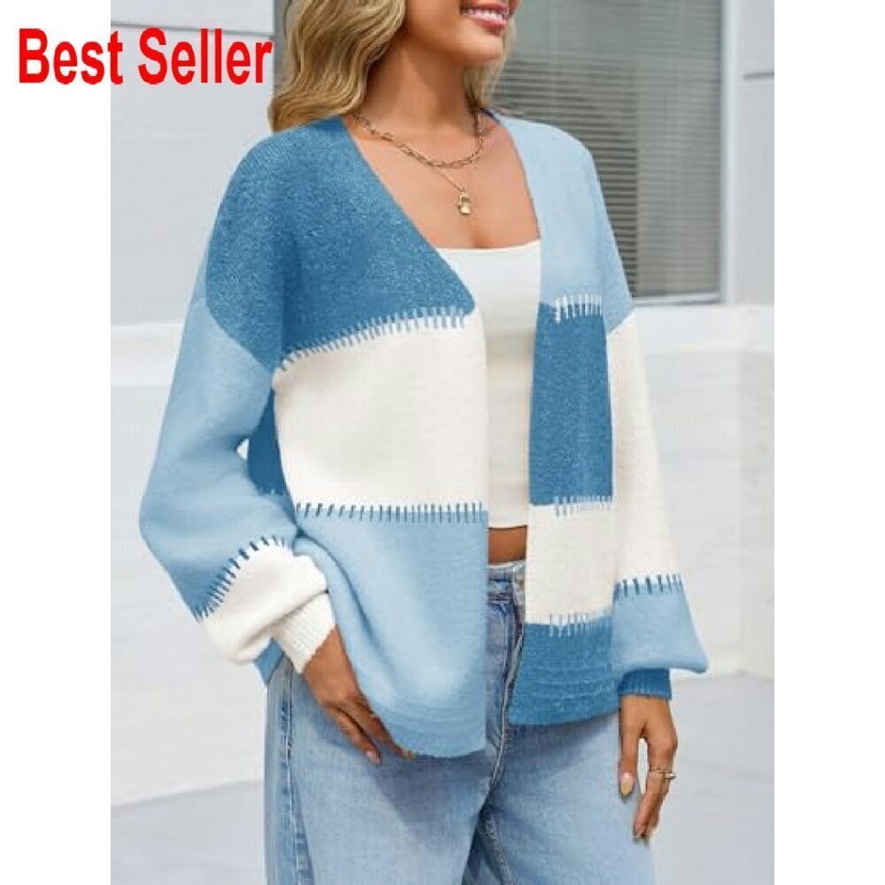 Chunky Knit Cardigan Open Front Puff Sleeve Color Block Fall Outerwear Chic - Picture 6 of 8